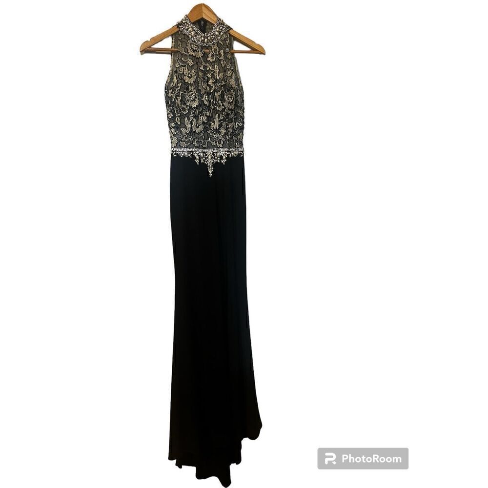 Alyce Women’s Size 000 Evening Gown Black Sheer High Neck Prom Dress Formal